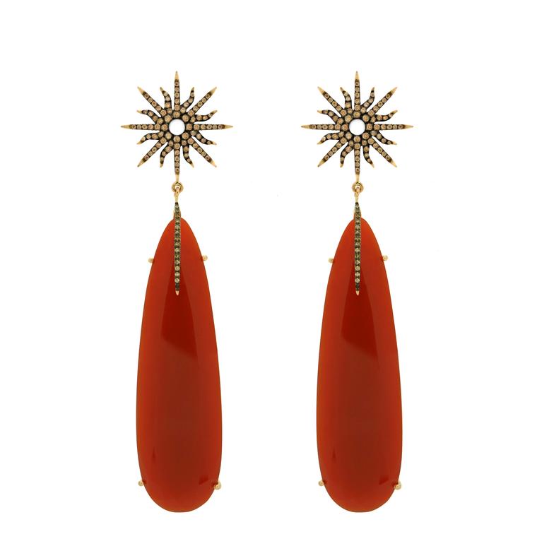 Christina Debs earrings with red agate and brown diamonds in rose gold, from the Sunshine collection.